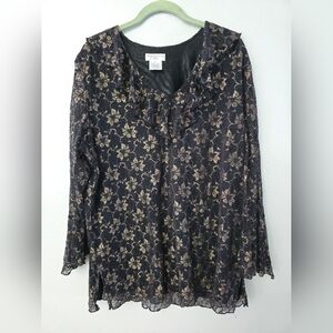 Worthington Women's Ruffle V Neck Long Sleeve Chiffon Blouse Sheer Floral Dark